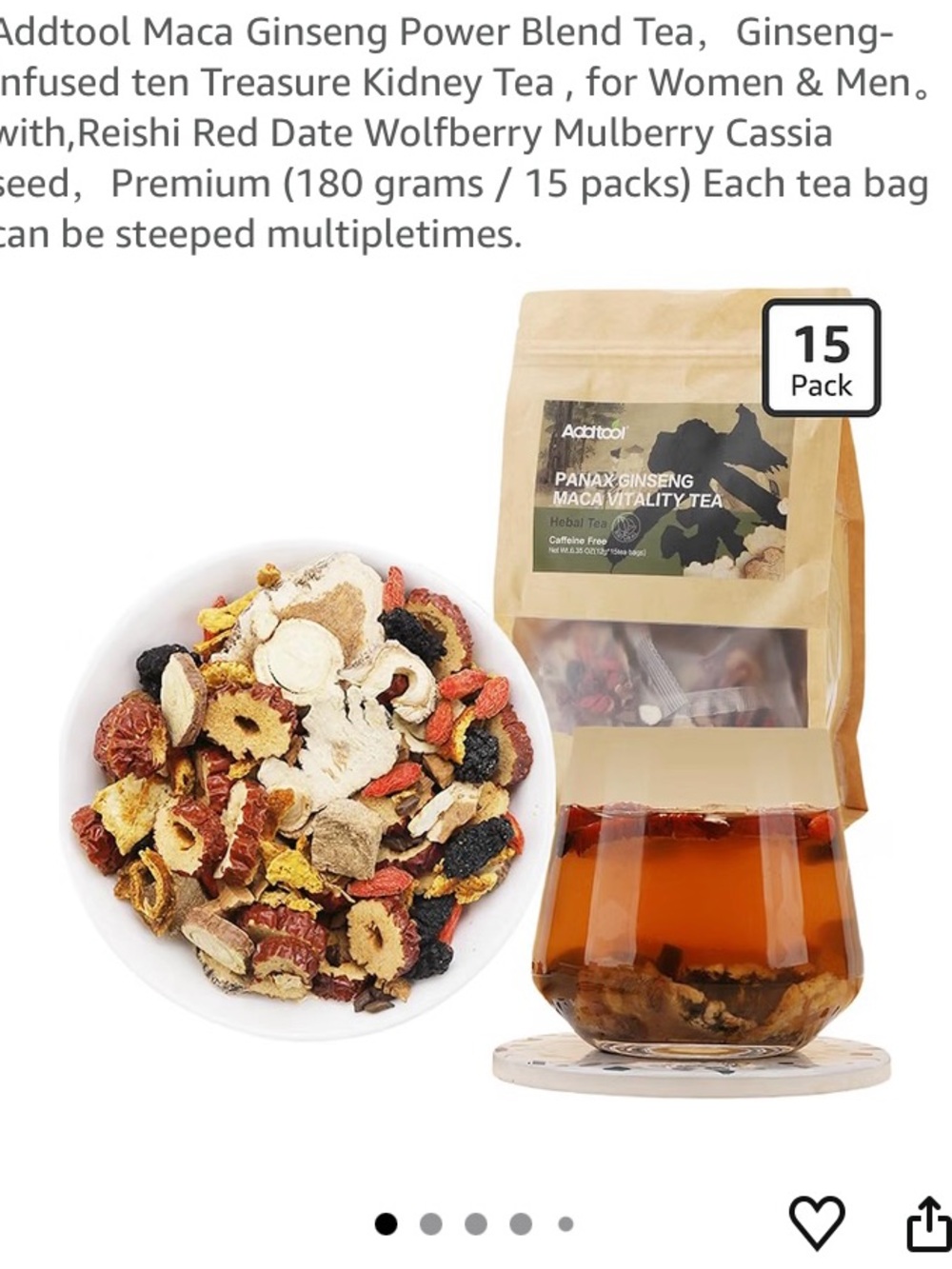 Panax Ginseng Maca Vitality Tea - Brown Herbal Blend, 15 Pack